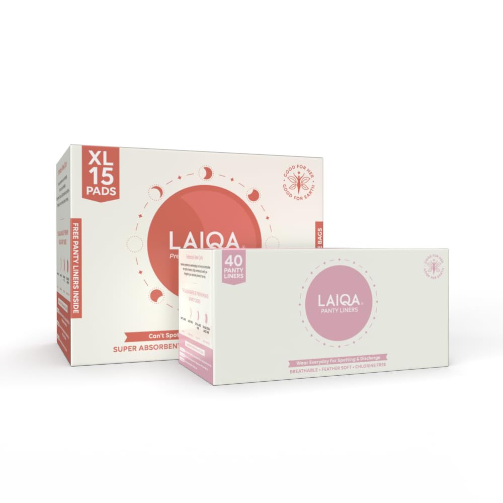 LAIQA Sanitary Pads Combo Pack - 15 Heavy Flow Pads & 40 Panty Liners