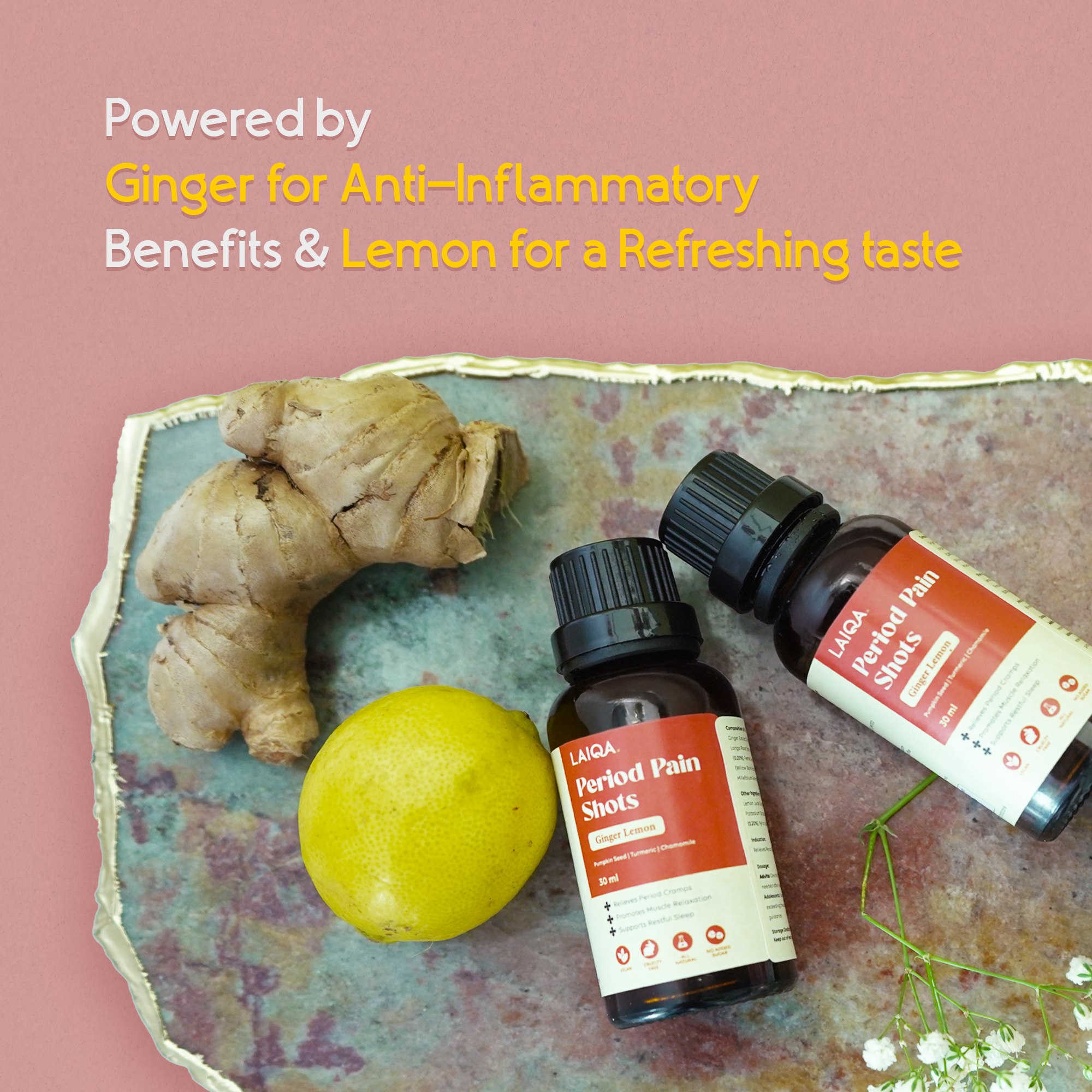 Period Pain Cramp Relief Shots Ginger Lemon Flavour - 30ml each                                                                                                             Ginger Lemon Flavour