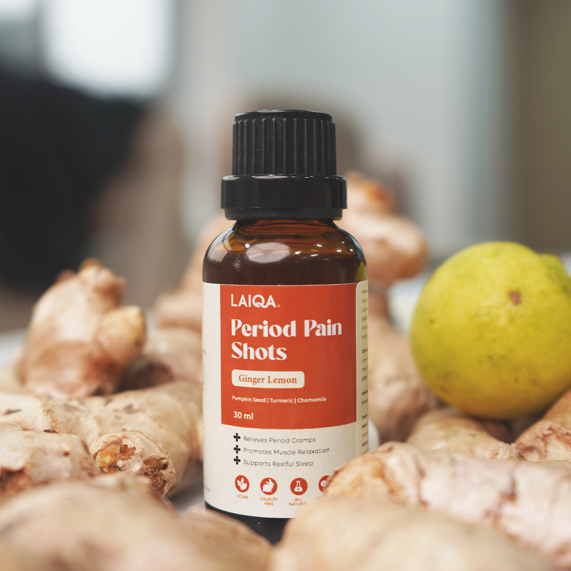Period Pain Cramp Relief Shots Ginger Lemon Flavour - 30ml each                                                                                                             Ginger Lemon Flavour