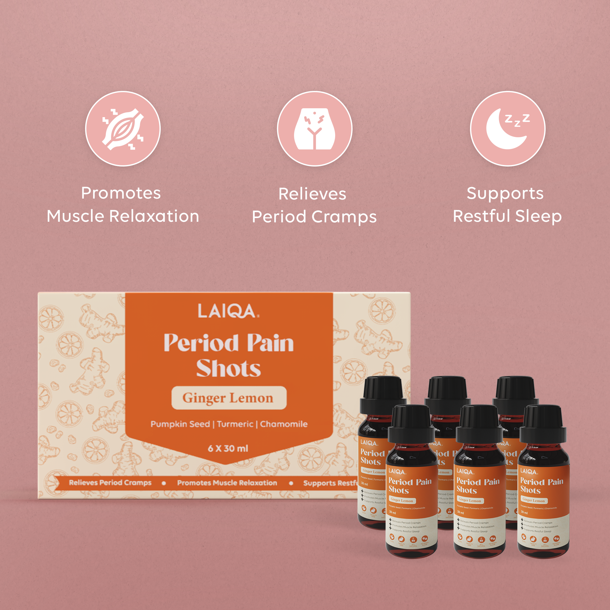 Period Pain Cramp Relief Shots Ginger Lemon Flavour - 30ml each                                                                                                             Ginger Lemon Flavour